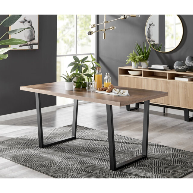 Kylooe Modern Brown Wood And Black Metal Dining Table Set With 6 Soft Touch Faux Leather Chairs