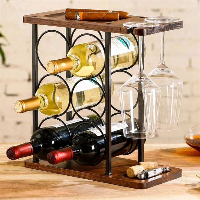 Collierville 6 Bottle Tabletop Wine Bottle and Glass Rack in Brown