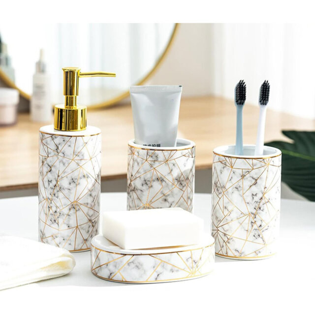 4pcs Ceramic Bathroom Set: Toothbrush Holder, Mouthwash Cup, 300ML Lotion Dispenser, Soap Dish