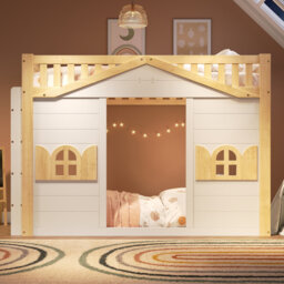 Bunk Bed Loft Bed Solid Wooden Frame Window Shape Design 3FT Single Bed 90x190cm White & Natural Wood for Bedroom