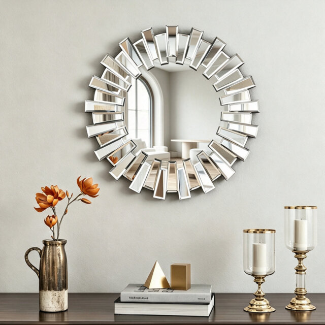 Round Sunburst Bevelled Glass Wall Mount Accent Mirror