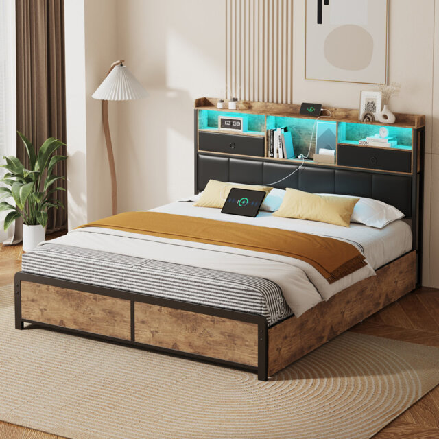 Black Metal Frame Wooden Bed With LED Lighting And 4 Storage Drawers
