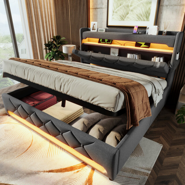 Modern Led Bed With Hydraulic Storage - App-controlled Lights, Usb/type-c Charging, Headboard Shelves