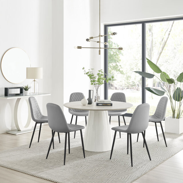 Edzard Statement Round Dining Table Set in Luxury Stone Effect & 6 Faux Leather Dining Chairs
