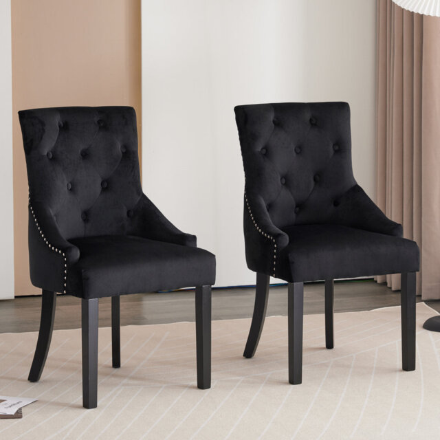 Elegant Set of 2 Tufted Dining Chairs Studded with Arms Ring Occasional Velvet Fabric Upholstered Kitchen Armchairs