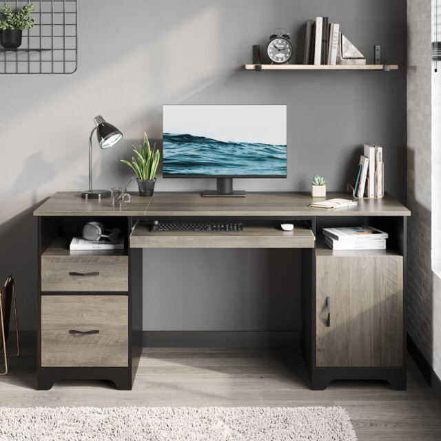 59'' Executive Desk With File And Storage Drawers And Cabinet, Computer Writing Desk With Keyboard Tray And 2 Open Compartments For Home Office