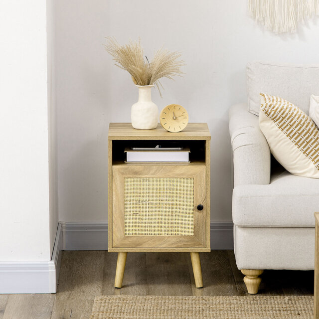 HOMCOM Rattan Bedside Table Nightstand with Storage Shelf Natural