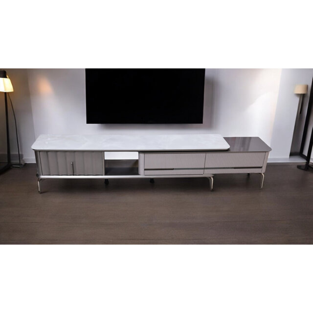 TV Unit 180cm I Luxury Modern Cabinet Grey I Gloss I Chrome Finish Accents