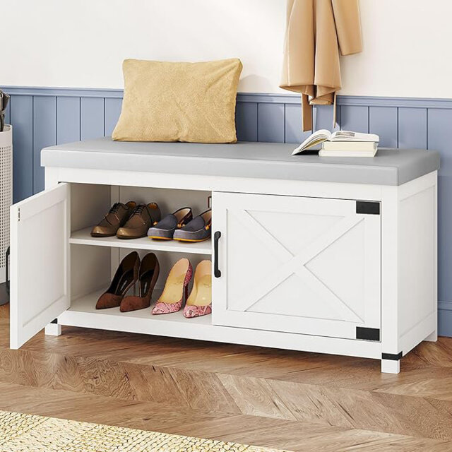 Shoe Storage Bench with Padded Seat, 2 Tier Shoe Rack Bench with Barn Doors, Adjustable Shelves, Shoes Cabinet with Cushion for Hallway, Living Room,