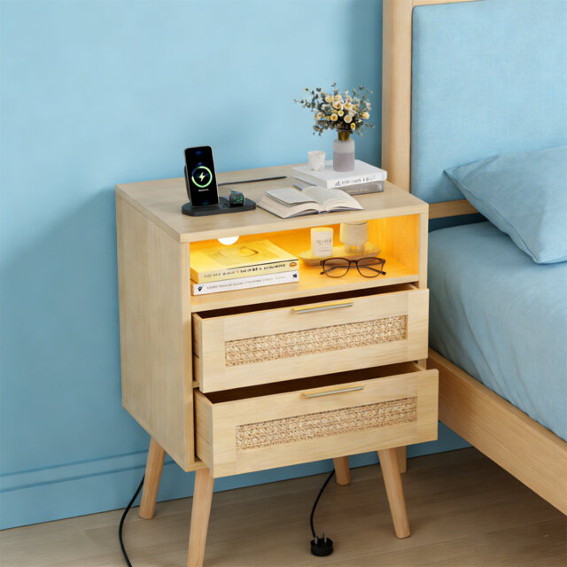 Set Of 2 Bedside Table,Nightstand With Charging Station And LED Lights, Bedside Cabinets With 2 Rattan Drawers And Open Shelf,2Pcs Side Tables For Mod