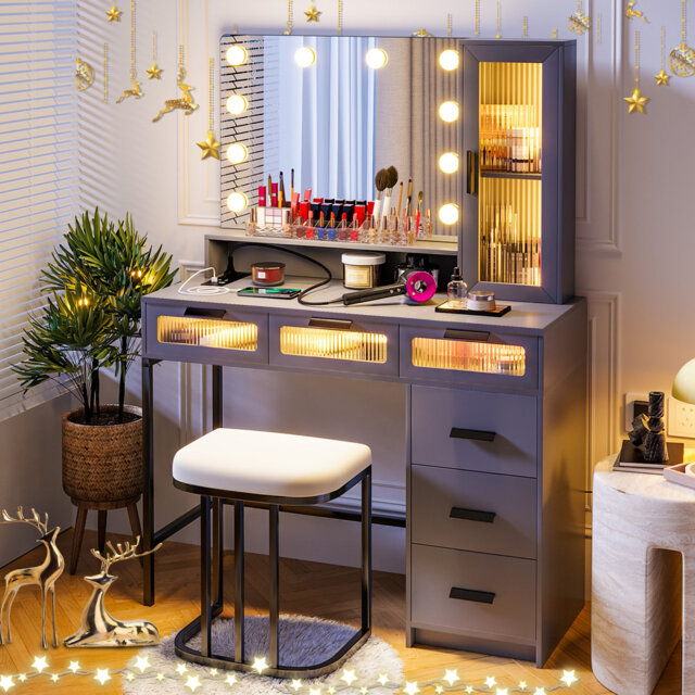 Hollywood Vanity Dressing Table with LED Mirror, Storage Drawers and Charging Station