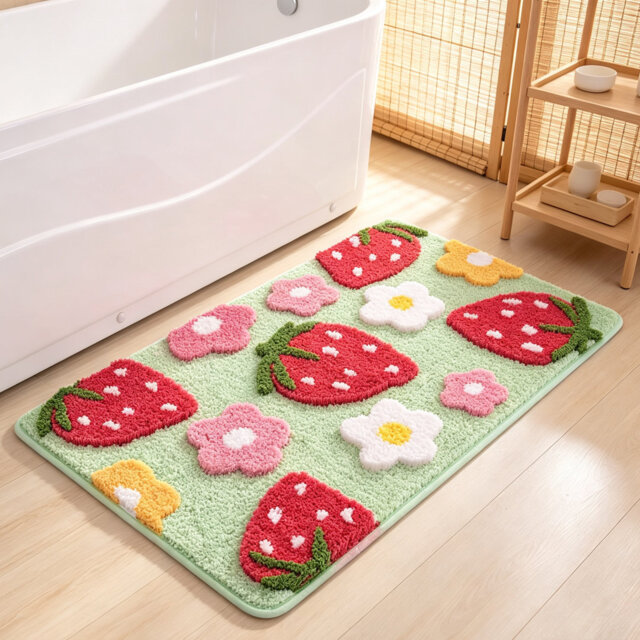 Vibrant Green Strawberry Flower Non-Slip Bath Mat 45x65cm