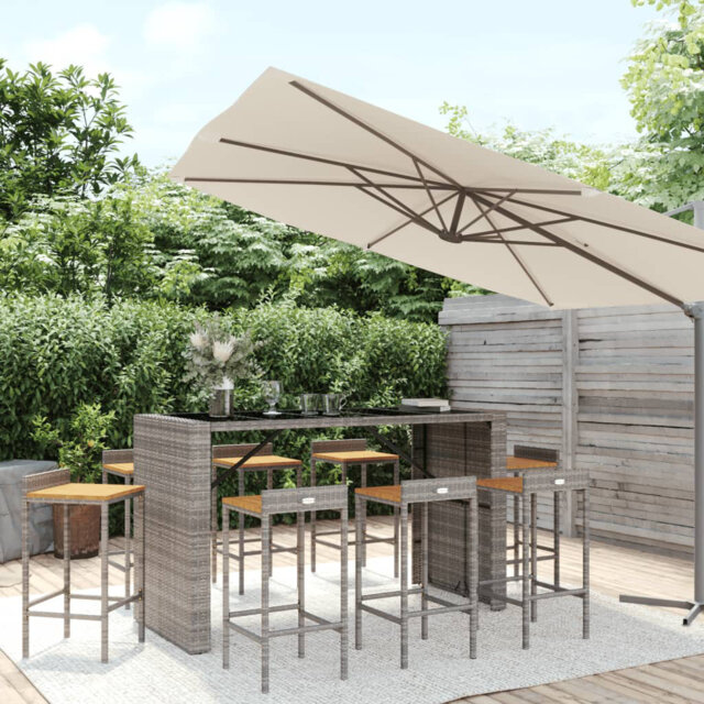 Alekzandra 9 Piece Garden Bar Set Grey Poly Rattan& Solid Wood Acacia