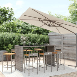Alekzandra 9 Piece Garden Bar Set Grey Poly Rattan& Solid Wood Acacia