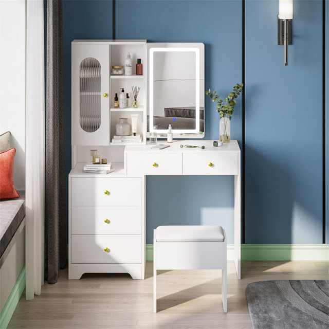 Dressing Table And Stool Set With Sliding Led Lights Mirror, Modern Vanity Table Makeup Desk With 5 Shelves & 5 Drawers, Bedroom Dressing Table Set Wi