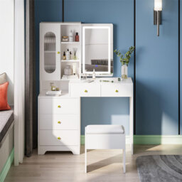 Dressing Table And Stool Set With Sliding Led Lights Mirror, Modern Vanity Table Makeup Desk With 5 Shelves & 5 Drawers, Bedroom Dressing Table Set Wi