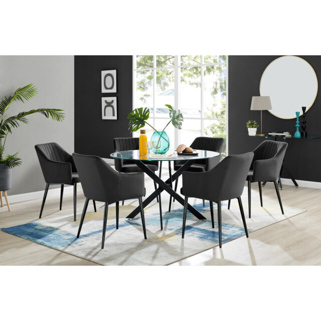 Bernell Modern Chrome Metal & Glass Round Dining Table Set with 6 Luxury Button Velvet Chairs