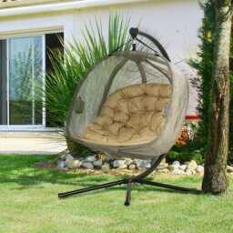Aashika Double Hanging Egg Chair 2 Seaters with Stand and Cushion Brown