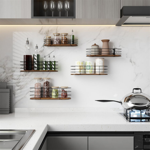 Set of 5 floating shelves with a rustic wooden board and black metal for the kitchen, living room, bathroom or office