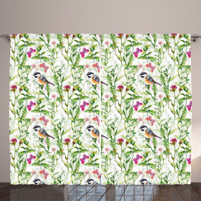 Rustic curtain, jungle winged art, birds and nature, fern green magenta