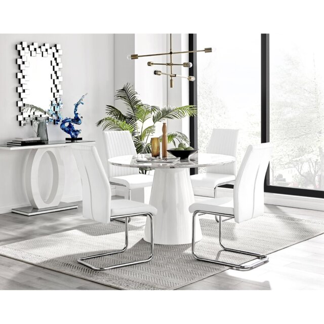 Edzard Statement Round Dining Table Set in Luxury Marble Effect & 4 Faux Leather Dining Chairs