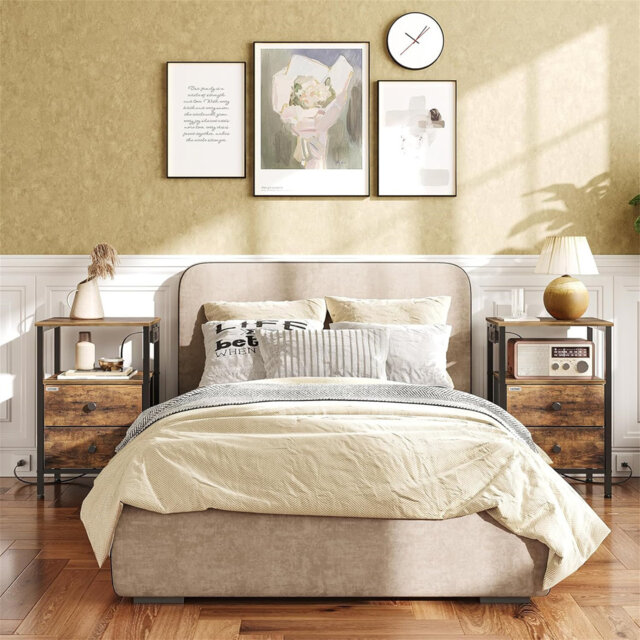Bedside Tables With Charging Station, Side End Tables With 2 Drawers And 2 Shelves, Set Of 2