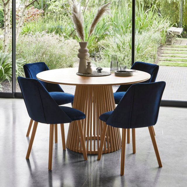 Hopley 4 Seater Pale Oak Dining Table Set - Freya Blue Dining Chairs with Whitewash Oak Legs