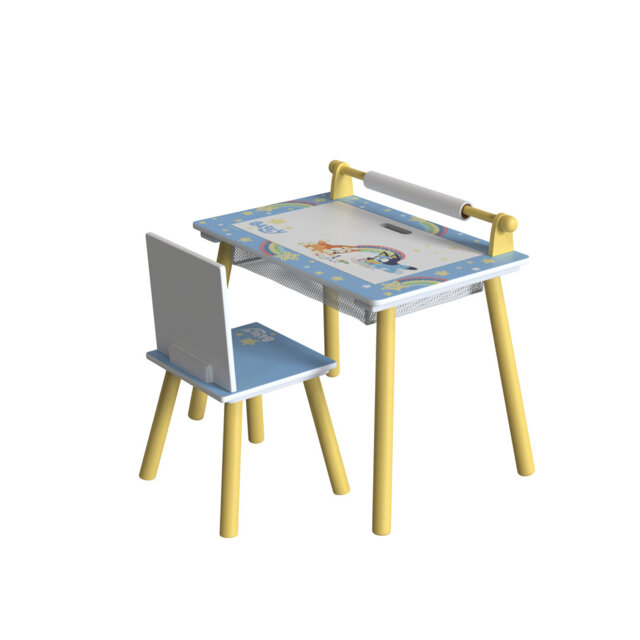 Bluey Kids Table and Chair Set - Wooden Activity Table for Toddlers with Lift-Up Tabletop, Chalkboard, Paper Roll, and Nylon Storage Space - Ideal Stu