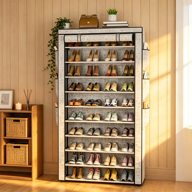 10 Tier Shoe Rack Cabinet With Dustproof Cover, Metal Frame Large Capacity Shoe Stand, Holds 50-56 Pairs, Space-Saving Shoe Storage Shelves For Wardro