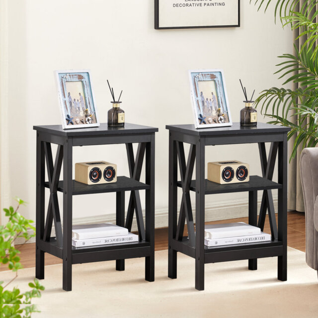 NS Manufactured Wood Bedside Table, Nightstand Sofa Side Table with 3-Tier Storage Shelf for Living Room, Bedroom, Stable Steel Frame, Easy Assembly