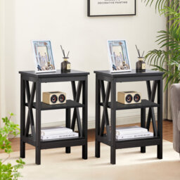 NS Manufactured Wood Bedside Table, Nightstand Sofa Side Table with 3-Tier Storage Shelf for Living Room, Bedroom, Stable Steel Frame, Easy Assembly