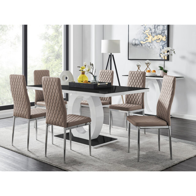 Carennac Modern High Gloss & Glass Dining Table with 6 Luxury Faux Leather Chairs