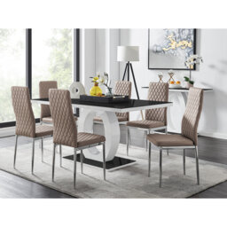 Carennac Modern High Gloss & Glass Dining Table with 6 Luxury Faux Leather Chairs