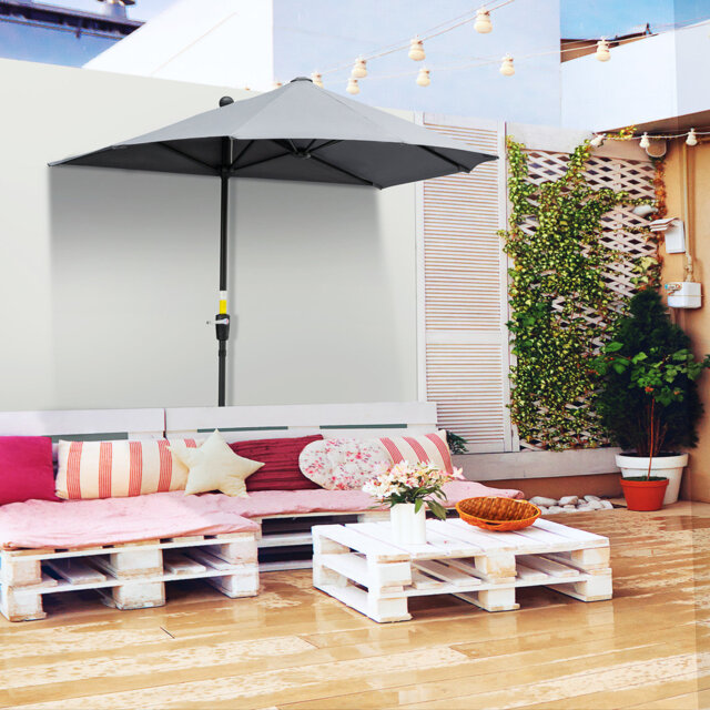 2m Dark Grey Half Parasol, Wall-mounted Balcony Umbrella With Crank Handle, Steel Frame & Base, Double-sided Canopy