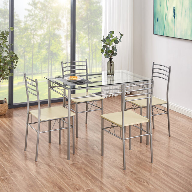 TC 5Pcs Dining Table Set with 4 Placemats, Metal Glass Table and 4 Chairs Kitchen Breakfast Home