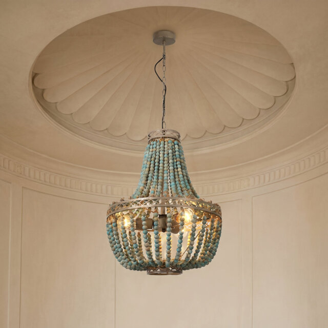 3-Lights Wood Beaded Chandelier, Rustic Vintage Farmhouse Pendant EliteBook Light Fixtures Bohemia Blue Beach Ceiling Light for Living Room, Bedroom,