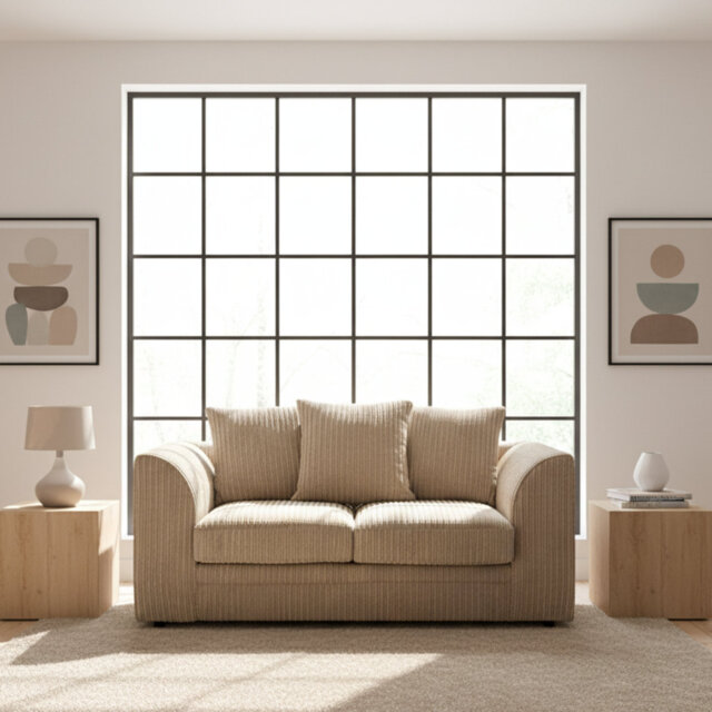 2 Seater Jumbo Cord Sofa – Modern Low Back Fabric Couch With Fixed Cushions For Living Room & Lounge