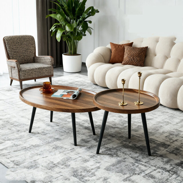 Round Nesting Coffee Table Set of 2, End Table with Wooden Top & Steel Legs, Modern Side Tables for Living Room, Bedroom, Balcony, Small Space