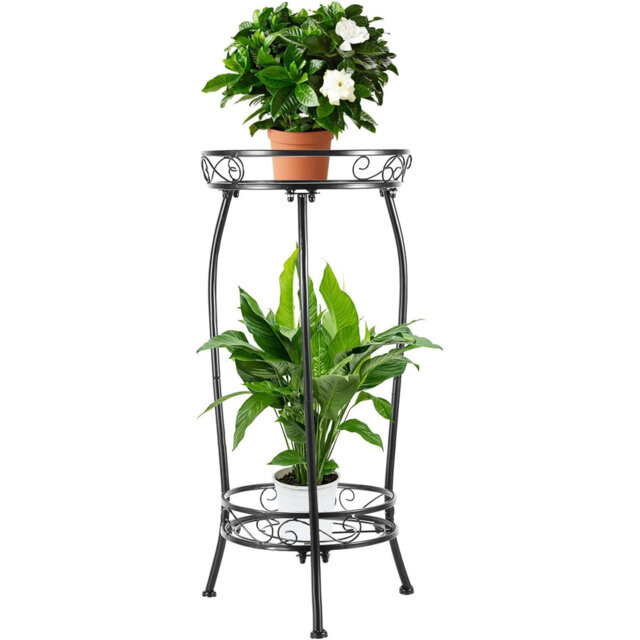 2-Tier Round Metal Plant Stand, 69cm Tall Indoor & Outdoor Rustproof Iron Potted Plant Holder Rack, Heavy Duty Flower Pot Shelf for Garden, Balcony &