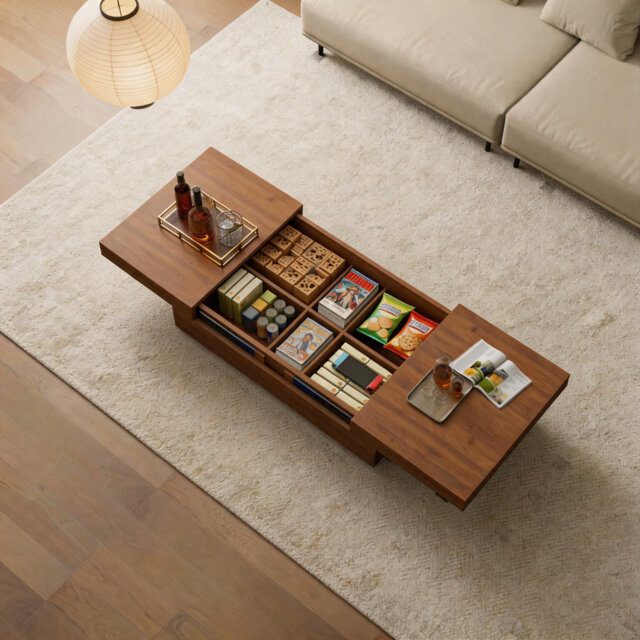 Multifunctional Extendable Coffee Table With Hidden Storage, Walnut Colour Sliding Top Extends 120Cm-208Cm, Space-Saving Design For Living Room, Bedro