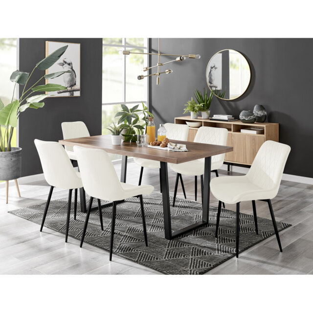 Kylooe Modern Sleigh Style Dining Table Set With 6 Luxury Quilted Velvet Dining Chairs