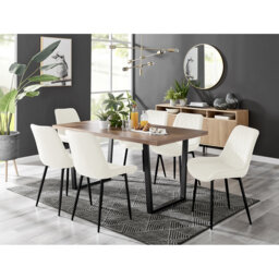 Kylooe Modern Sleigh Style Dining Table Set With 6 Luxury Quilted Velvet Dining Chairs