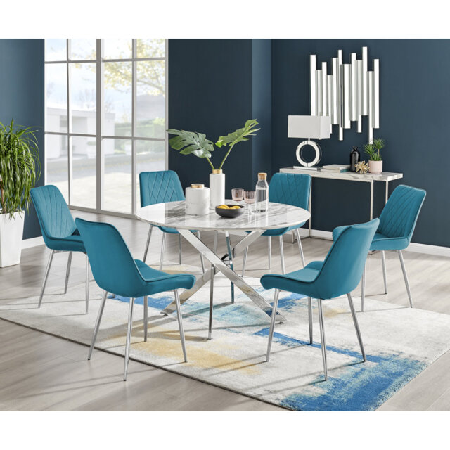 Tierra Modern Chrome Metal & Glass Round Dining Table Set with 6 Luxury Faux Leather Chairs