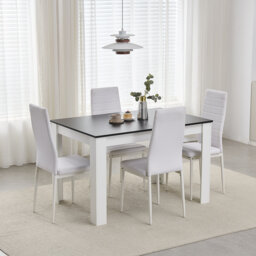 Walnut White 5-Piece Expandable Dining Table Set with 4 Upholstered Chairs, 120-150cm Extendable Table for 4-6 People, Modern Space-Saving Dining Set