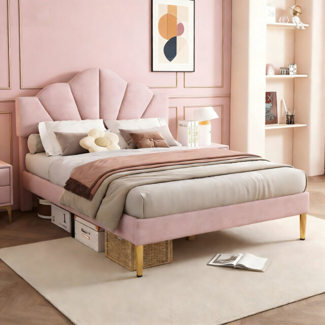 4ft6 Double Velvet Upholstered Bed With Shell-like Headboard & Golden Iron Legs, Height Adjustable, Wooden Slatted Frame, Pink