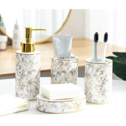 4pcs Ceramic Bathroom Set: Toothbrush Holder, Mouthwash Cup, 300ML Lotion Dispenser, Soap Dish