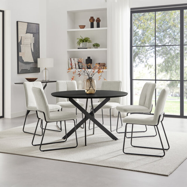Hadlow Veneer & Metal Round Dining Table With Eubanks Fabric Chairs - Modern Statement Design