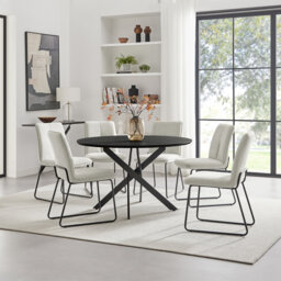 Hadlow Veneer & Metal Round Dining Table With Eubanks Fabric Chairs - Modern Statement Design