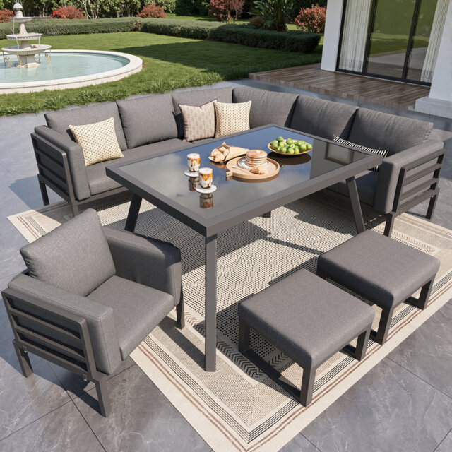 8 - Person Crescent-shaped Garden Sofa Set With Glass Table