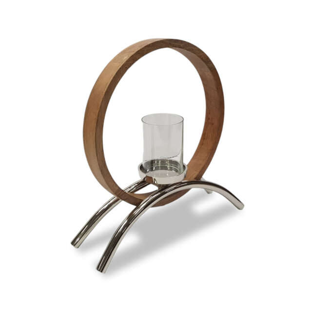 Try Circular Wooden and Metal Candle Holder Ornament and Home Accessory in Silver Natural